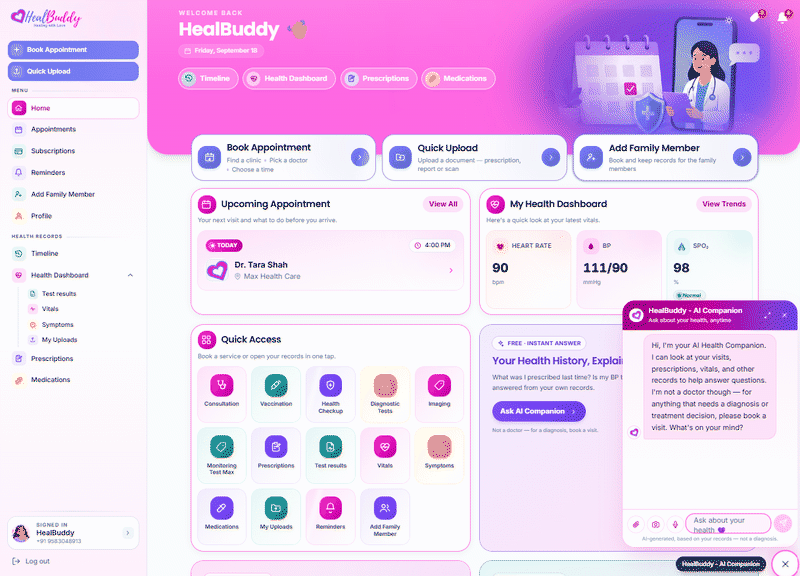The HealBuddy home screen, showing the booking shortcuts and the next upcoming appointment.